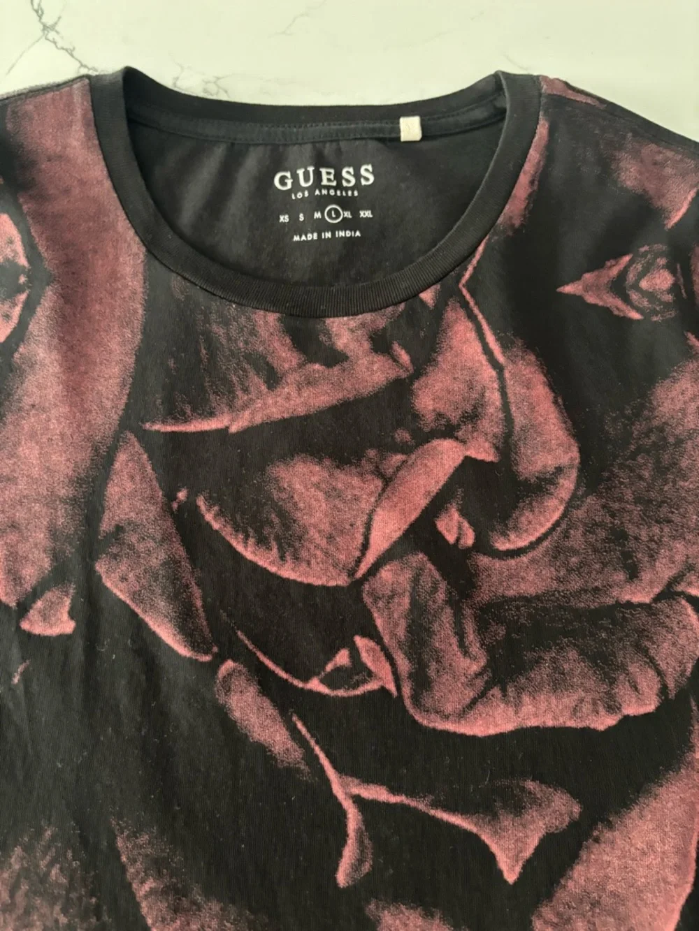 GUESS Black T-Shirt with Dusty Rose Floral Print - Picture 2 of 7